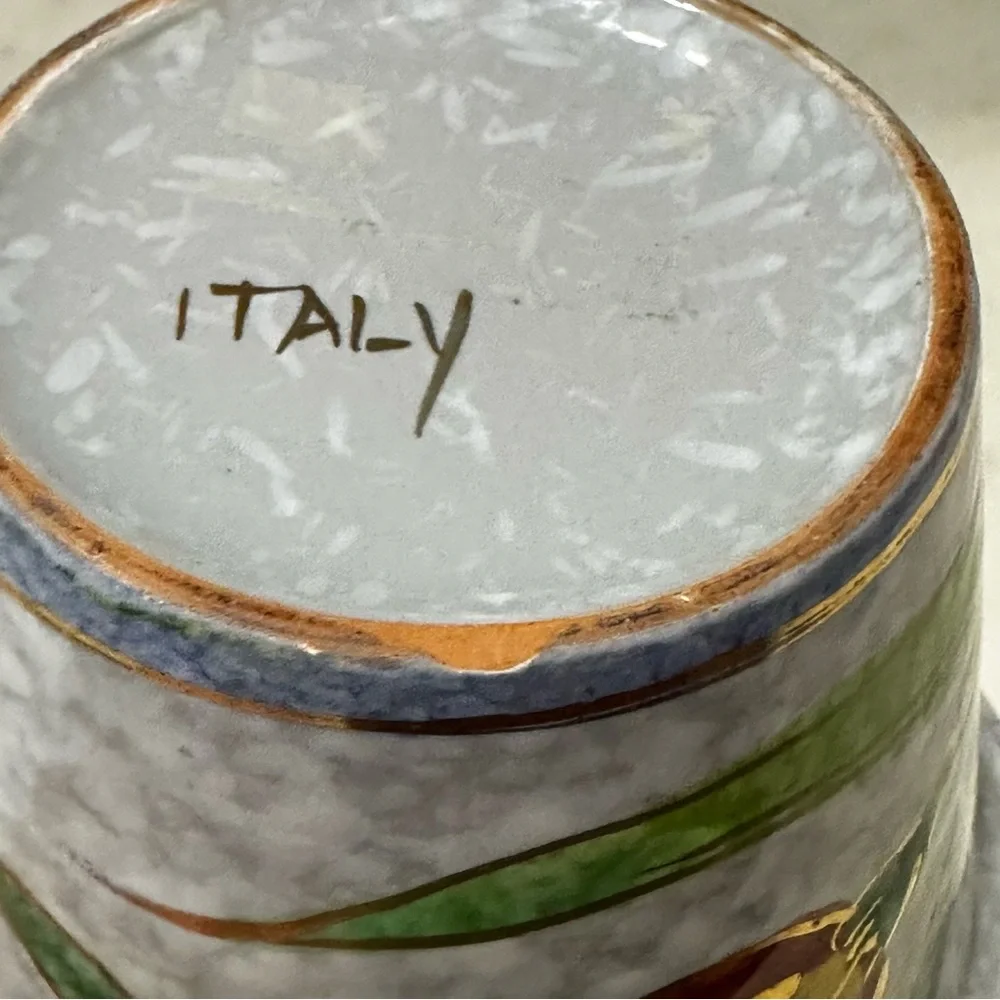 Vintage Italian Hand Painted Planter Marbled Blue Gold Rim Red Flower ITALY